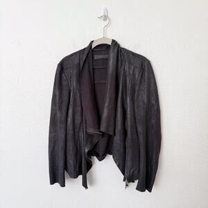 [Zara] Black Textured Faux Leather Draped Asymmetrical Zip Jacket Size Large L